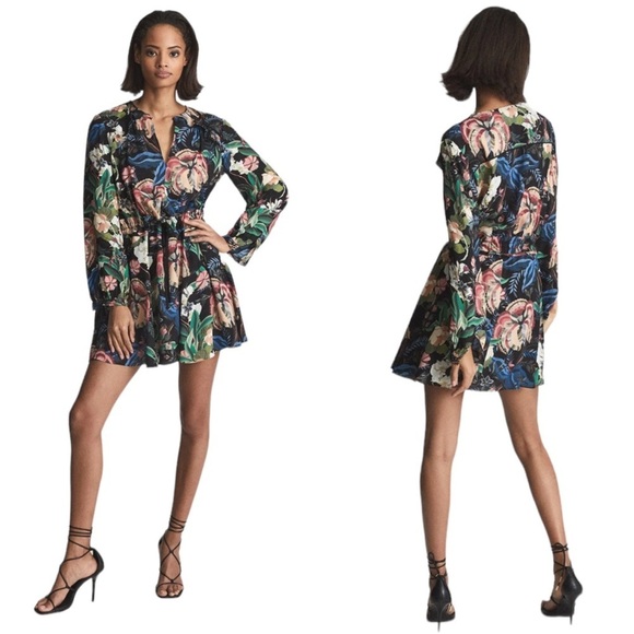 Reiss Alyssa-Rio Floral Flippy, Black Print Dress‎ Sz 4 - Picture 1 of 11